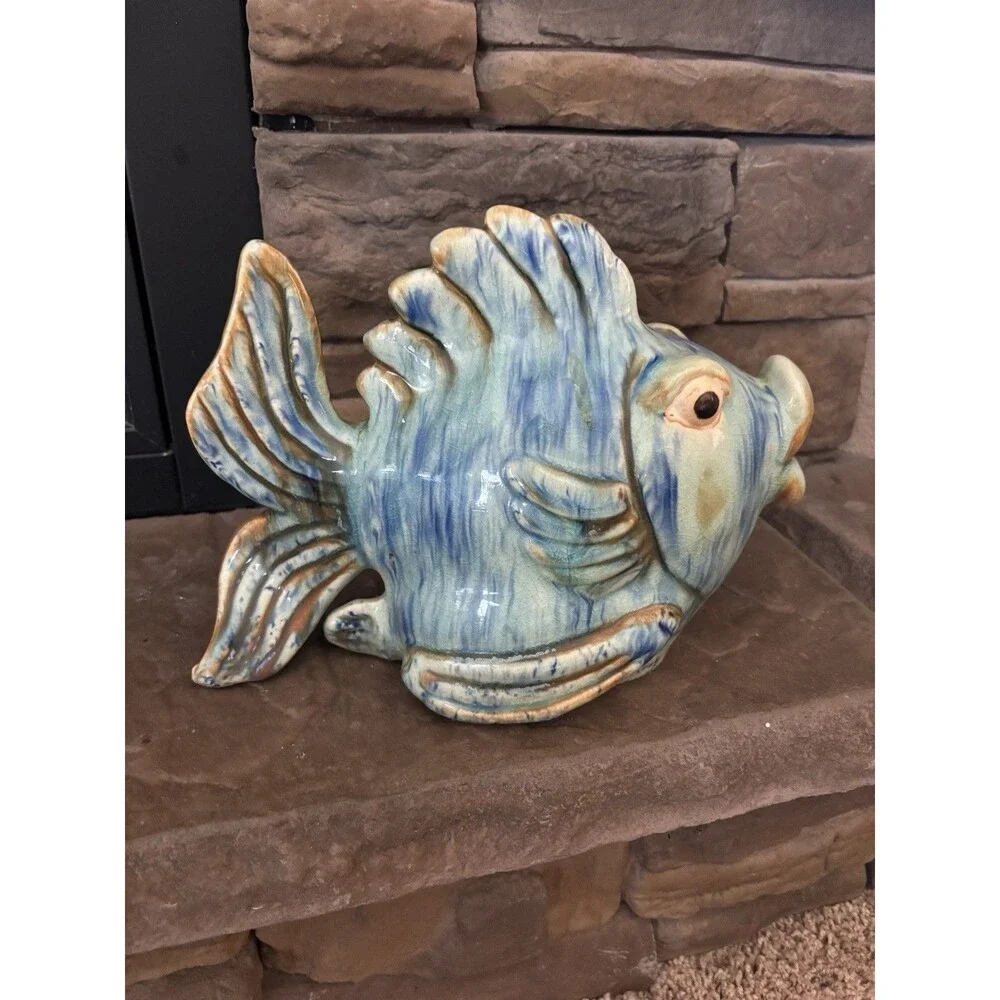 Vintage Ceramic Glazed Pottery Blue Fish Decor